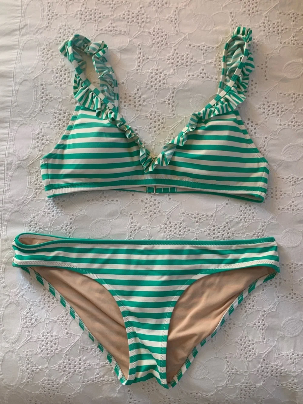 •J. Crew Green and White Striped Ruffle Bikini Set• - Picture 1 of 4